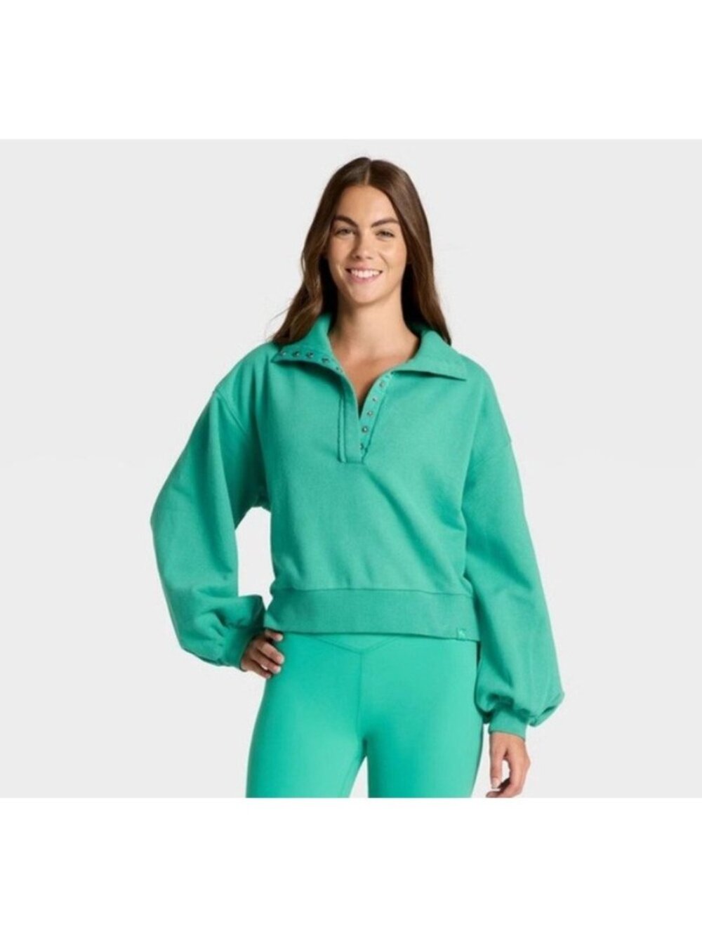 JOYLAB Women's XS Porcelain Green Cropped Collared Snap Pullover Sweatshirt NEW